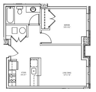 Floor plan for 1 bed, 1 bath, 662 sqft